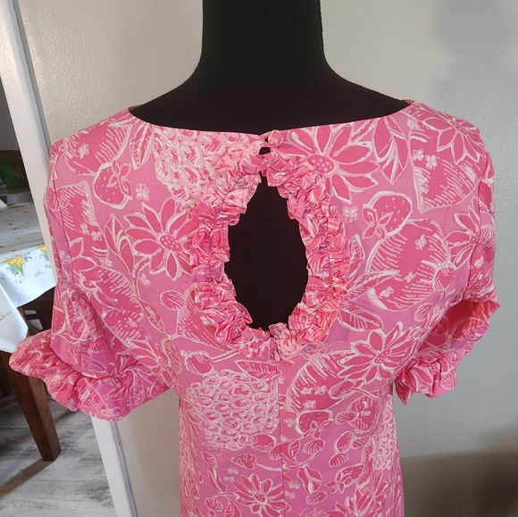 Lilly Pulitzer Fiesta Stretch Dress Ruffle Sleeves Floral Print Pink&White - Picture 3 of 4